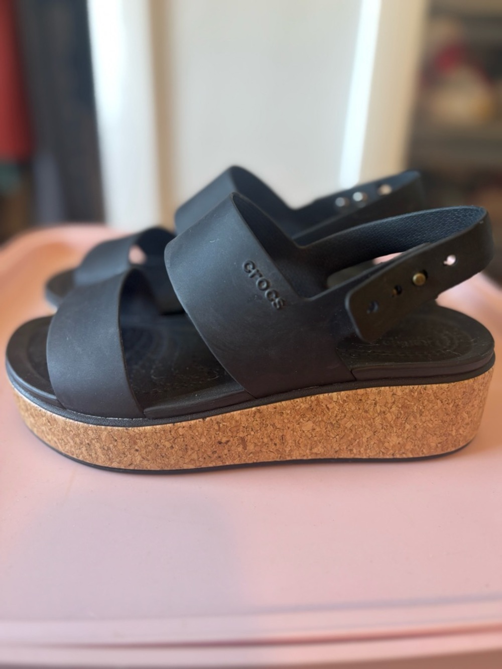 CROCS Black Platform Sandals with Cork Wedge